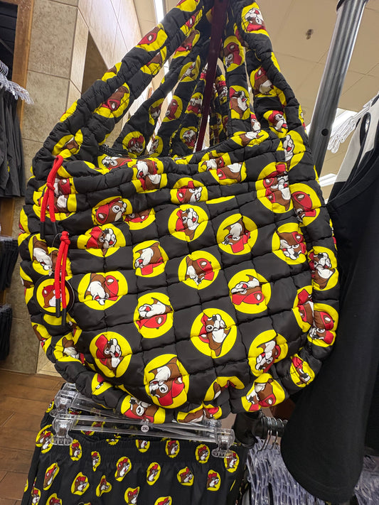 Buc-ee’s Emblem Black Quilted Large Pocket Carry Bag with Quilted Straps
