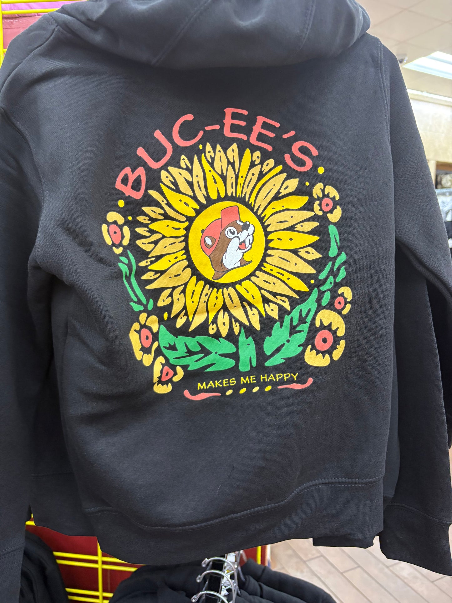 Buc-ee’s Makes Me Happy Youth Black With Sunflower Hoodie Youth XSmall - Youth Large