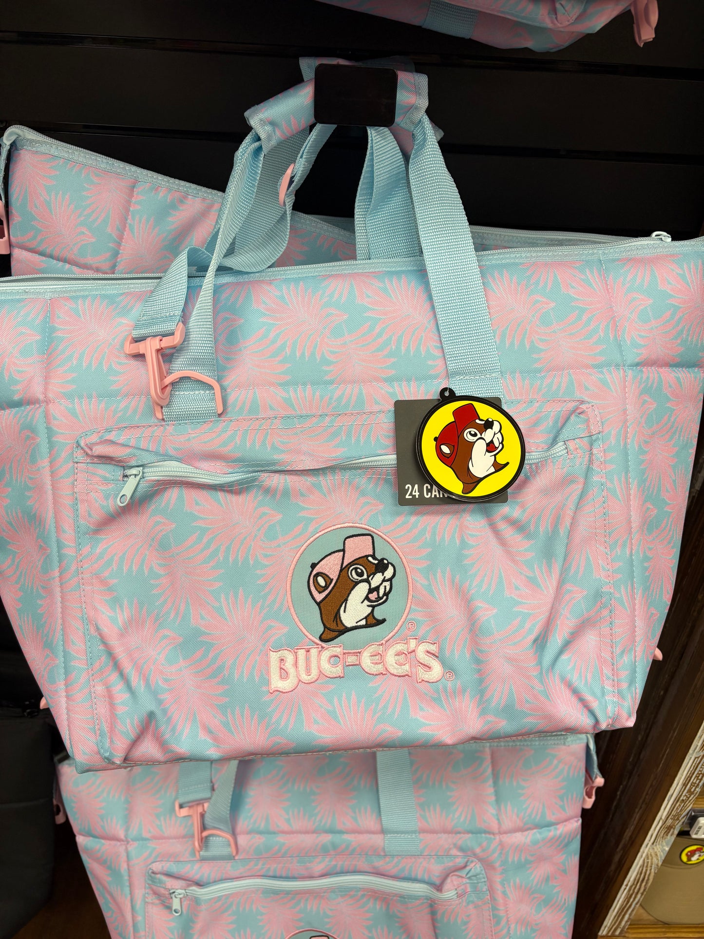 Bucees Pink and Blue Palm Trees   24pk Cooler Tote Bag with Carry Strap and Handle