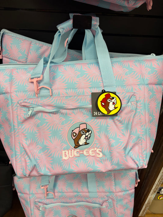 Bucees Pink and Blue Palm Trees   24pk Cooler Tote Bag with Carry Strap and Handle