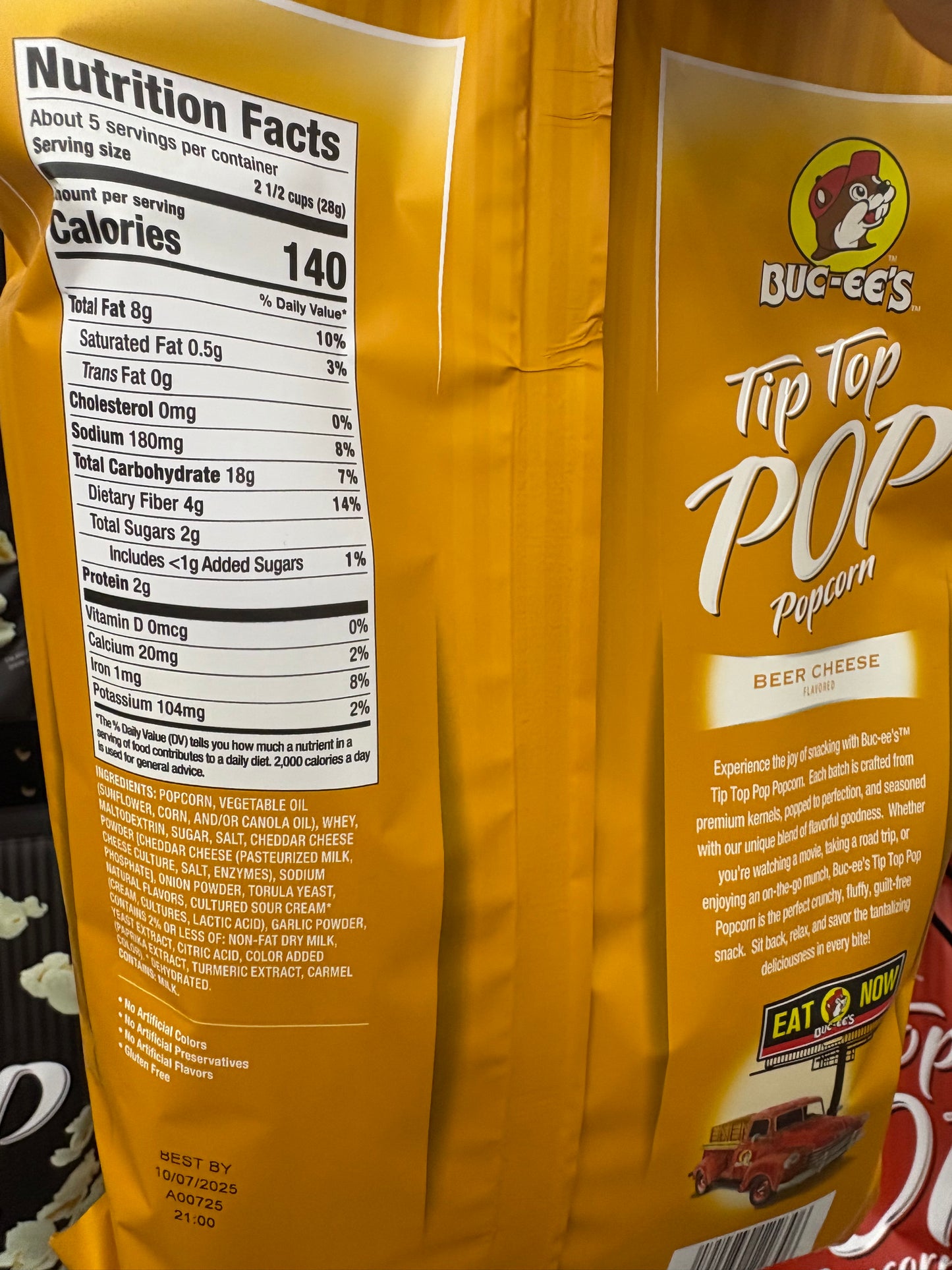 Bucees Tip Top Pop Popcorn Beer Cheese Flavor 5 ounce bag