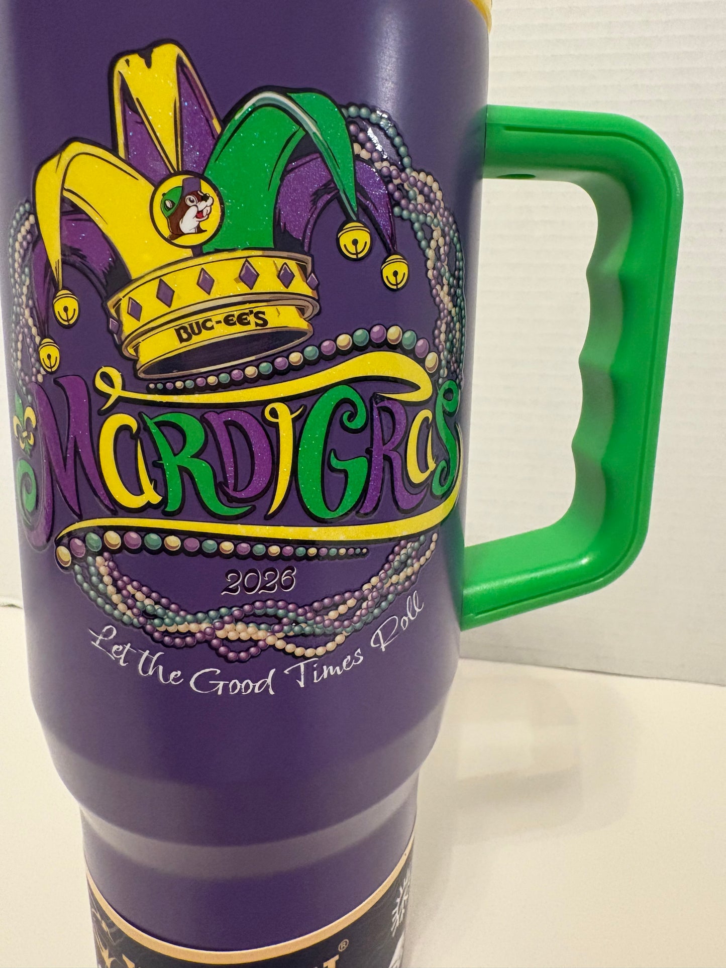 Buc-ee’s 2026 “Let the Good Times Roll” Purple Mardi Gras 40 oz Stainless Steel Tumbler with Lid, Straw and Handle