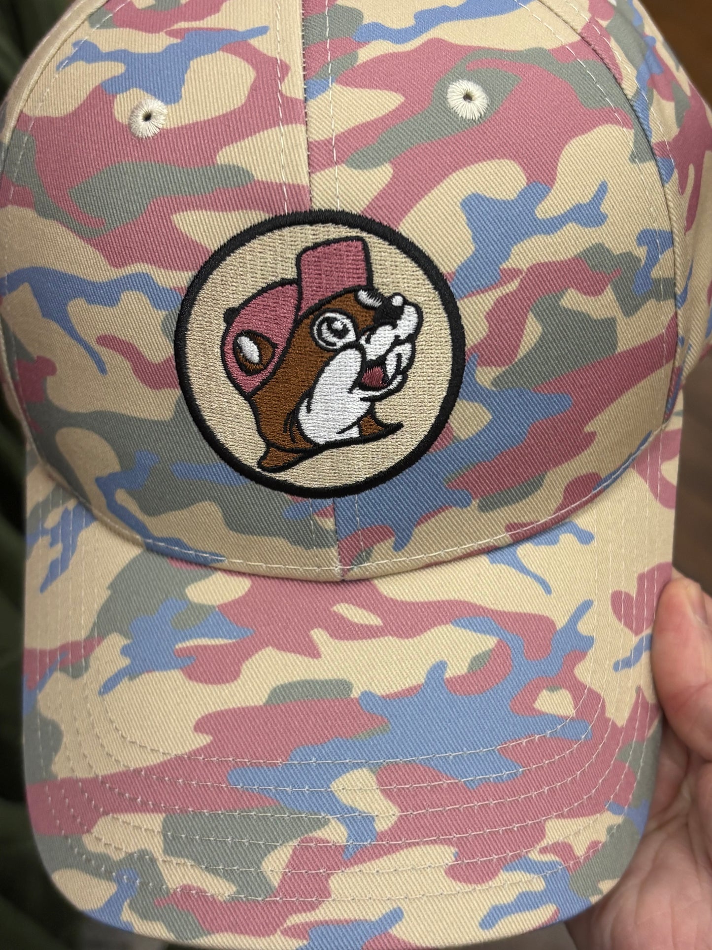 Buc-ee’s Adult Pink and Blue Camouflage Hat with Beaver Emblem
